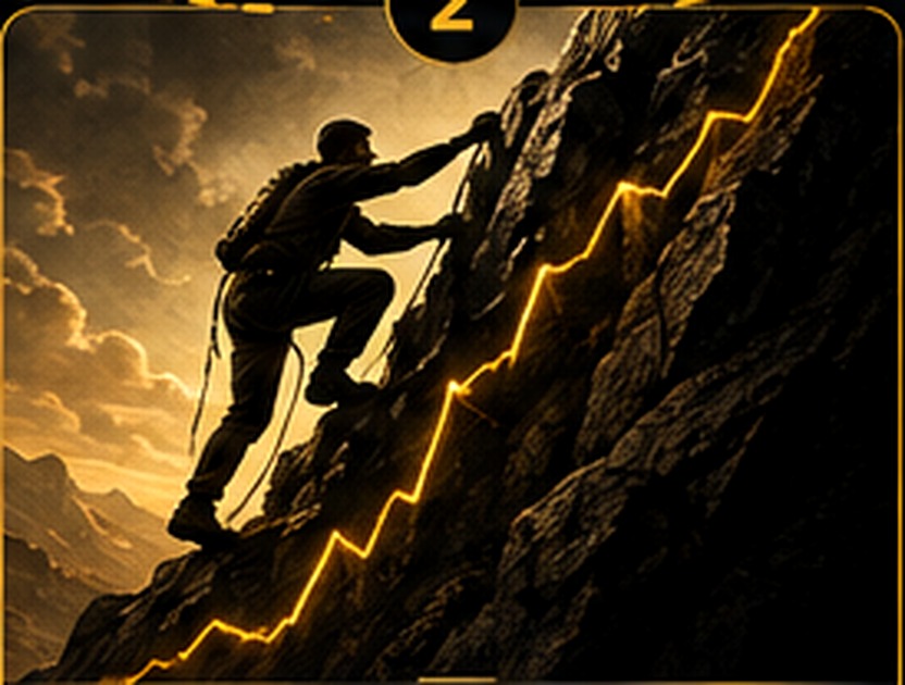 Silhueta de um homem escalando uma parede de pedra com linhas douradas de progresso